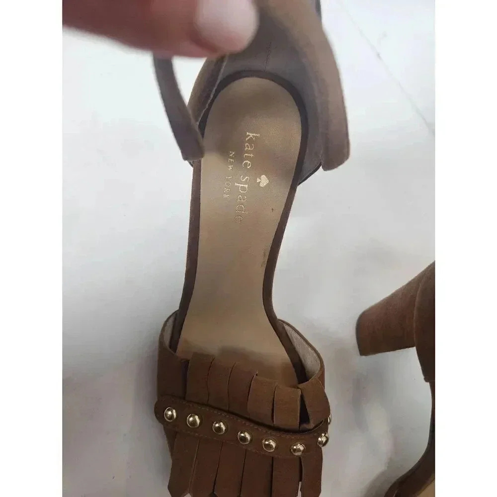 Kate Spade Brown Suede Block Heels Kiltie Fringe Cross Straps Size 7. - Picture 5 of 8